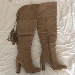 Taupe over the knee high boots